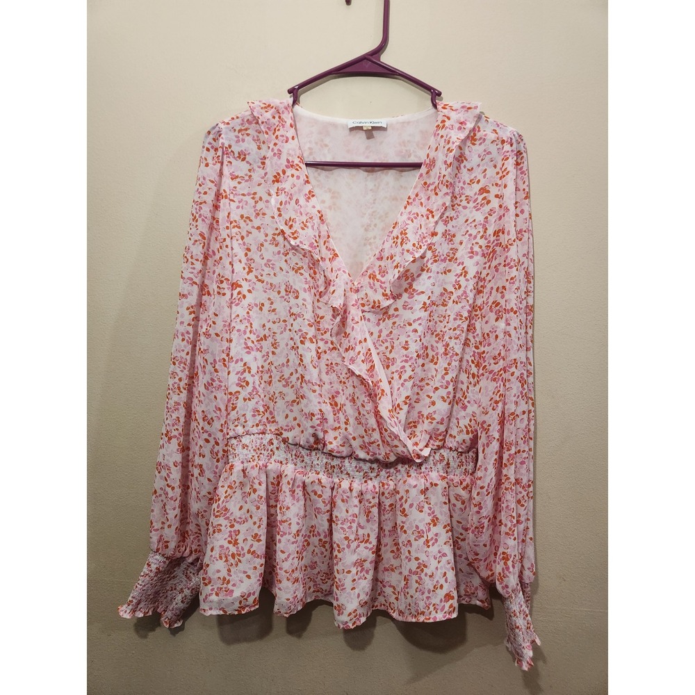 Calvin Klein Women's Pink Floral Print Smocked Waist Ruffle V Neck Blouse Top L